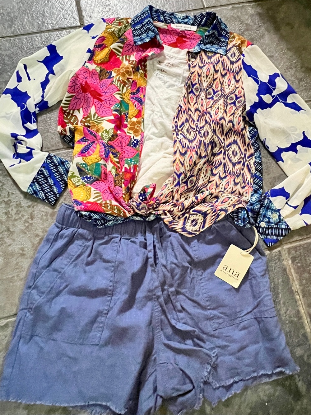 Colorful Mixed-Print Button-Up Top with Blue Linen-Blend Shorts-shorts.
